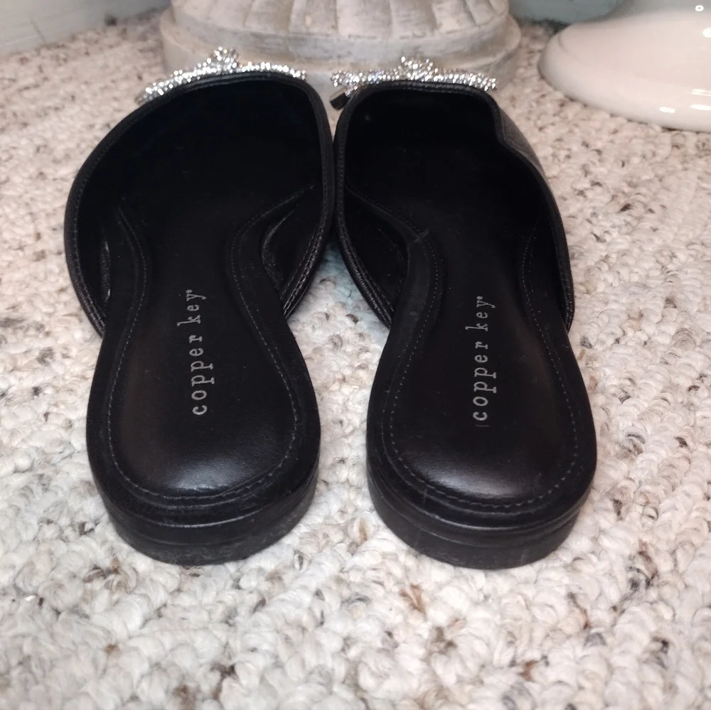 Copper Key Glimmer Black Leather Slip-On Mules with Rhinestone Bow Accent - Picture 6 of 8